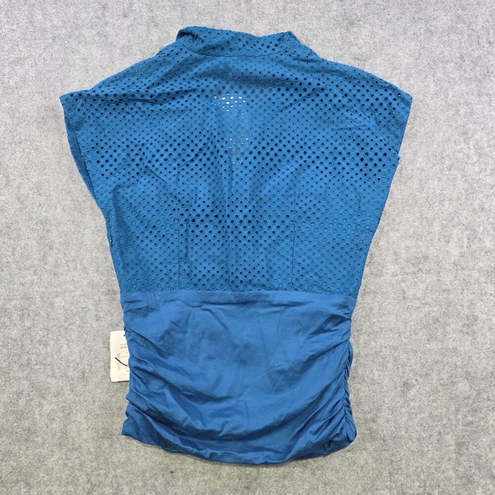 Akris Punto Blouse Womens 12 Blue Eyelet Collared Sleeveless Stretch Sheer NWT - Picture 15 of 16